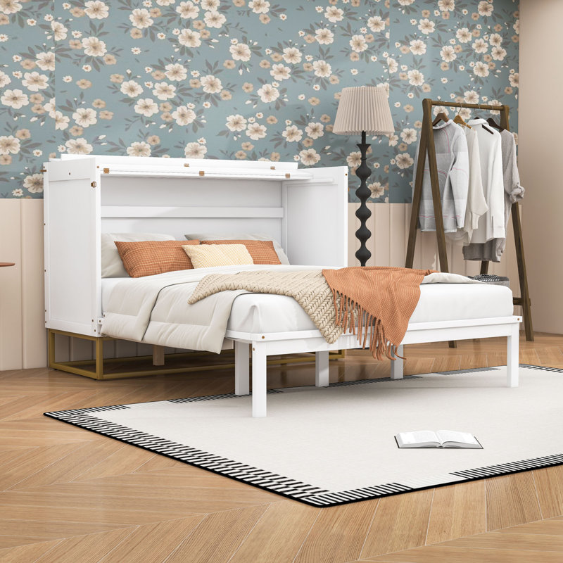 Grand lit escamotable en bois avec lattes, Blanc