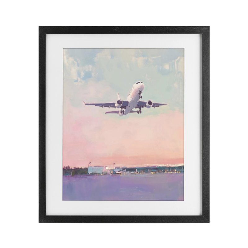 Avion qui décolle dans un ciel pastel, impression sous verre encadrée, design par The Prints Vibe, 21 x 17