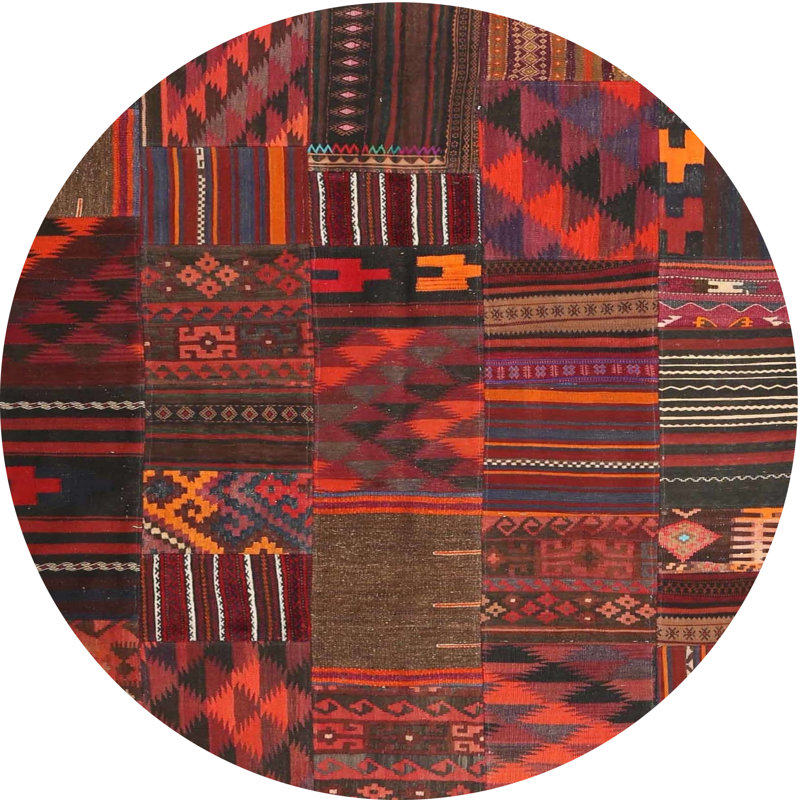 Tapis contemporain orange/brun/noir zone Souvenance, Rond 8 pi