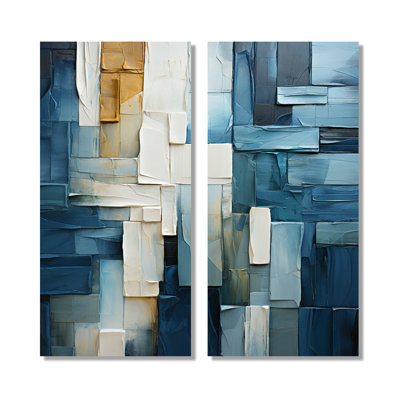 Abstract Geometric Square Fusion - Abstract Canvas Print Wall Art, Blue Abstract Wall Decor Set Of 2
