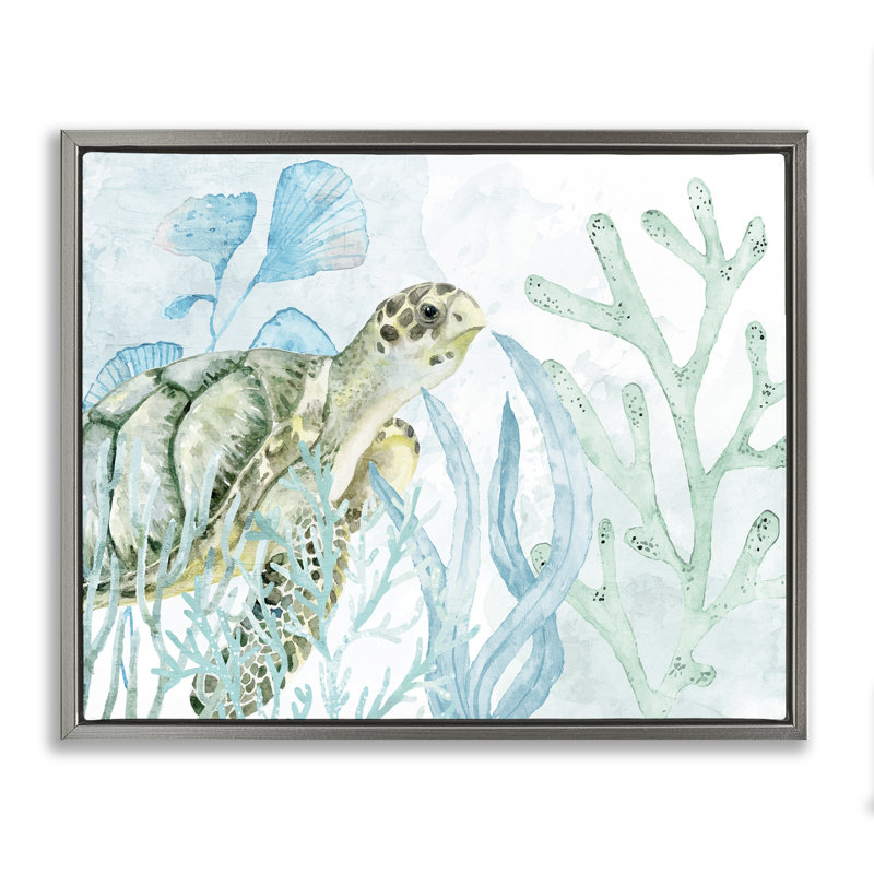«Turtle in Watercolor Coral Gold», art mural sur toile flottante par Kim Allen, Cadre flottant gris lustré, H 17 po x l 21 po
