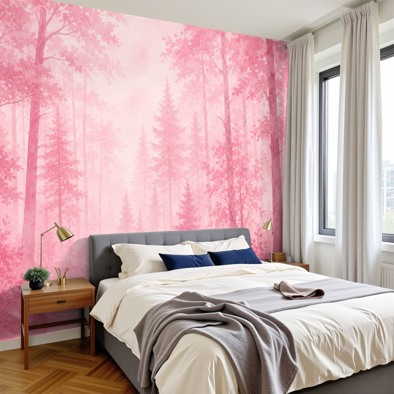 Papier peint adhésif à motif d'aquarelle rose, paysage de forêt, grands arbres, subtile brume, H 100 po x l 144 po, papier peint auto-adhésif pour chambre à coucher