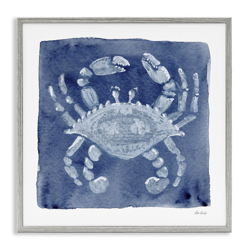 White Crab on Indigo Framed Giclee, design by Patti Bishop, Farmhouse Grey Giclee Framed, 17" H x 17" W