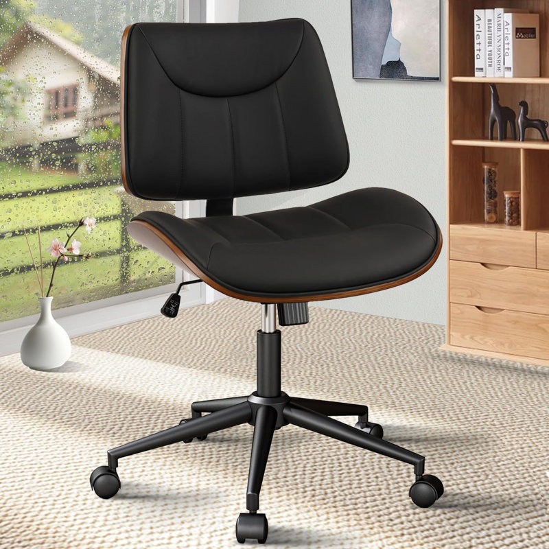  Office Chair Armless with Wheels, Mid-Century Modern Walnut Desk Chair, Adjustable Height Reading Chair, PU Leather Mid Back & Swivel Computer Chairs for Home Meeting Room Bedroom, Black(1 PK)