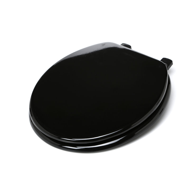 Solid Black Wood Round Toilet Seat with Non-Slip Bumpers
