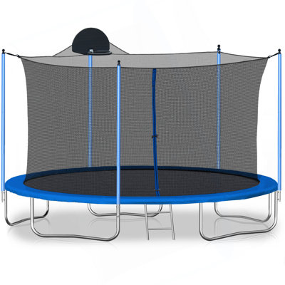 12FT Trampoline for Adults & Kids with Basketball Hoop, Outdoor Trampolines w/Ladder and Safety Enclosure Net for Kids and Adults