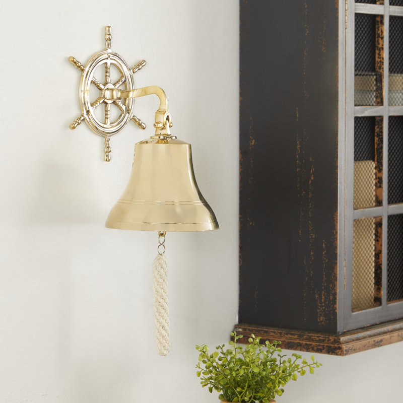 Brass Metal Indoor Outdoor Bell Silver Wall Decor with Ship wheel Backing, Gold