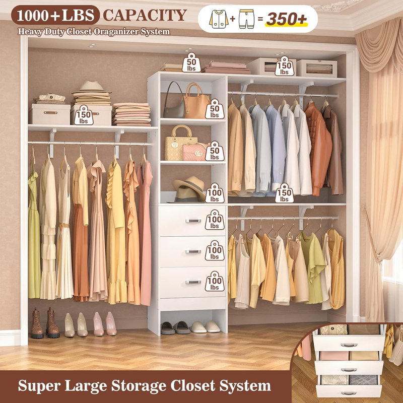 20.2'' - 96'' W Closet System with Wooden Drawers and Hanging Rods(cut To Fit), White