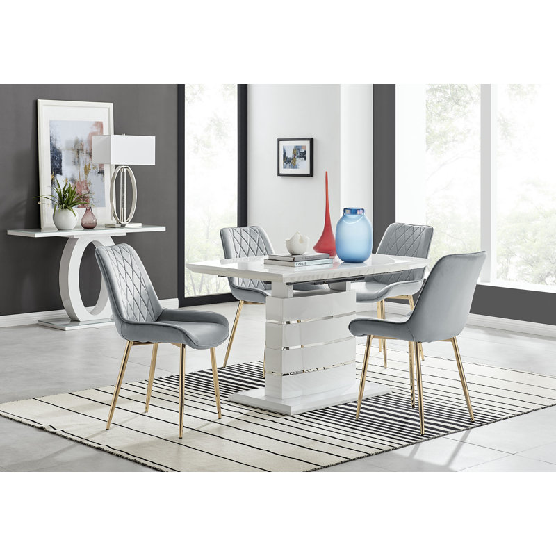 Everson High Gloss 6 Seat Extendable Dining Set with Luxury Velvet Upholstered Dining Chairs, Gray/Silver