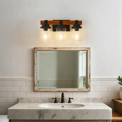 Lampes murales en bois et noir mat à 3 lumières avec abat-jour en verre (sans ampoules) pour la salle de bain ou la chambre à coucher