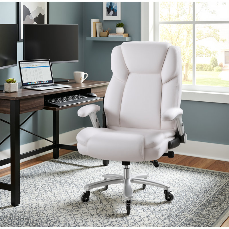 Grande et grande chaise de bureau avec accoudoirs rabattables et réglables, Blanc