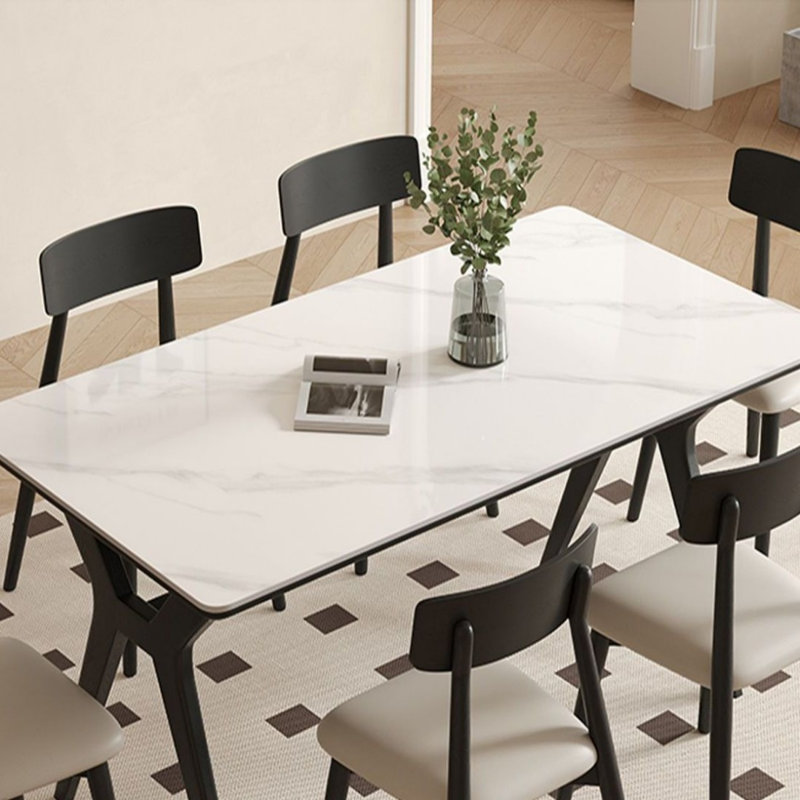 Table de salle à manger blanche et noire en pierre frittée rectangulaire et bois massif, 29.53"H x 62.99"L x 31.5"W