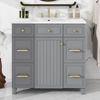 36" Bathroom Vanity With Sink Combo, Modern Bathroom Vanity With 3 Drawers & Soft Close Doors, Solid Wood Bathroom Cabinet With Undermount Ceramic Sink