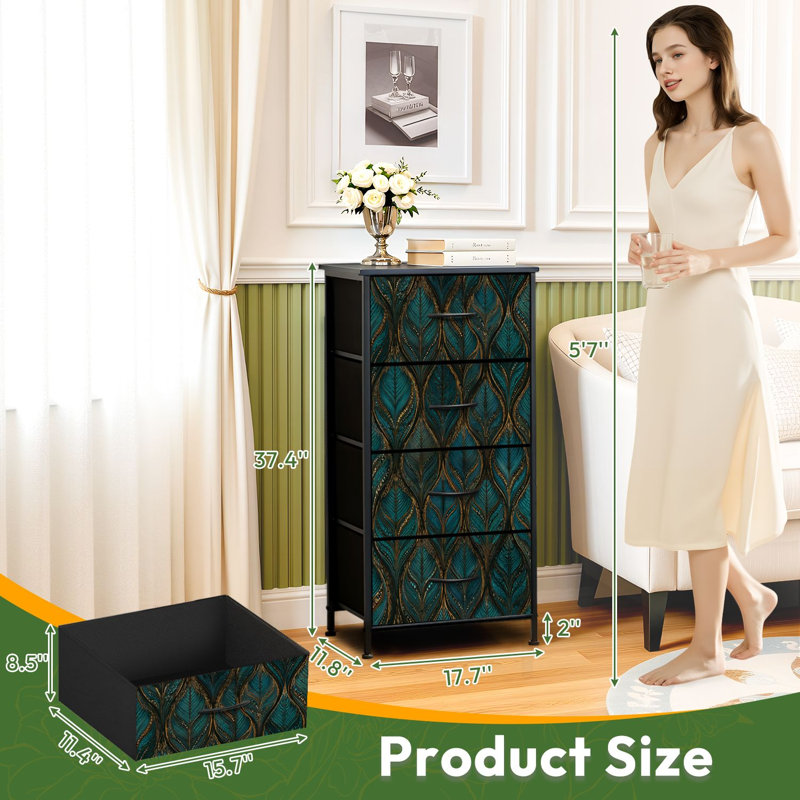 Commode à 4 tiroirs pour chambre à coucher sans couture Feuille sarcelle foncé Tons dorés Conception élégante petite grande commode à vêtements pour organisateurs de placard avec commode