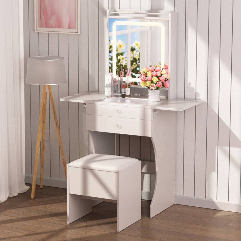Ensemble de meuble-lavabo pour les petites chambres - Petit meuble-lavabo avec tabouret, tiroirs compartimentés et tables d'appoint pliables de 20 cm (gauche et droite)