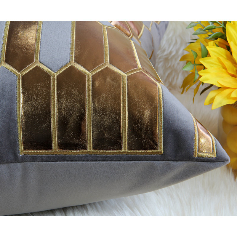 Tullis Embroidered Faux Leather/Velvet Throw Pillow Cover, Gray