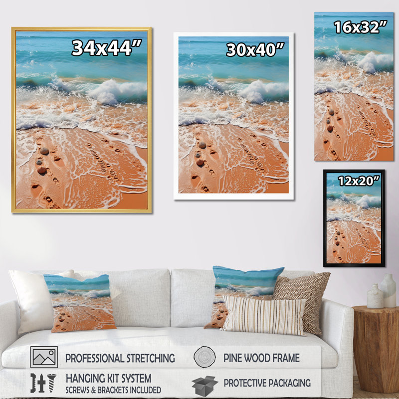 «Beach Footprints In The - Coastal Pier», reproduction d'art, H 32 po x l 16 po x P 1 po, Toile tendue