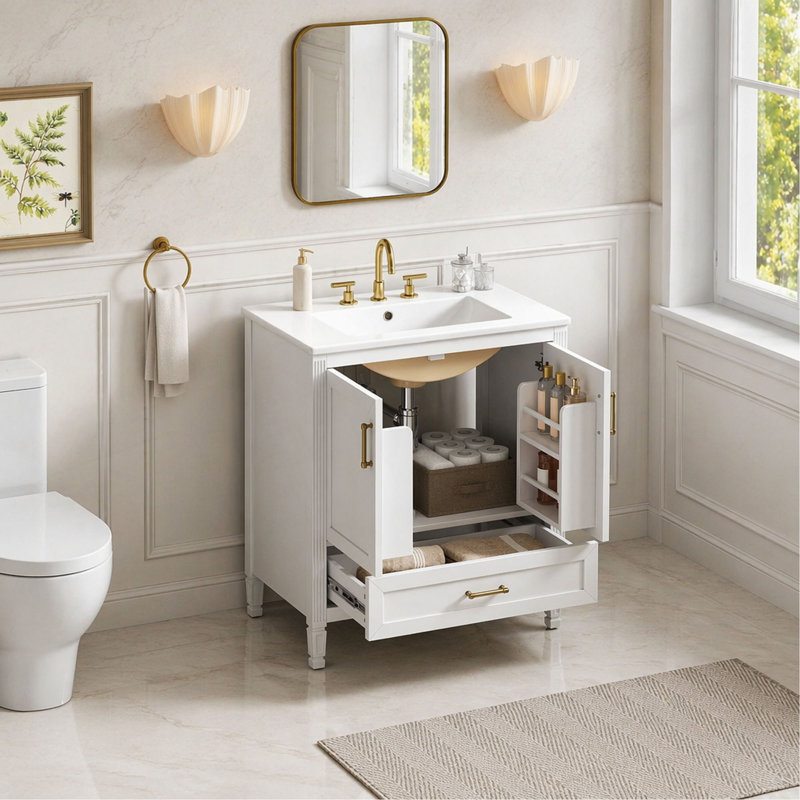 Meuble-lavabo cannelé élégant de 30 po avec lavabo en céramique, boîte simple, pieds en bois massif, portes et tiroir à fermeture en douceur, tablette de porte