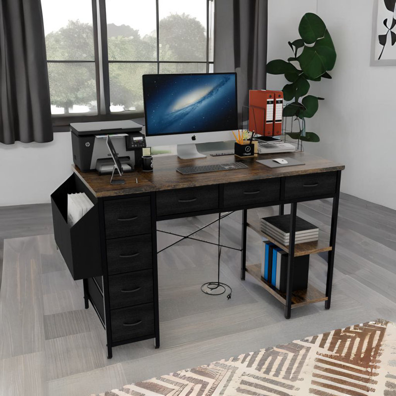 Bureau d'ordinateur avec prise d'alimentation électrique, Brun, Noir, noir, noir, noir