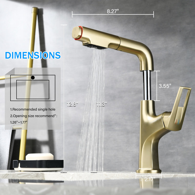 Or brossé, robinet de vasque, hauteur du bec, pivot 360 °, tuyau rétractable à double jet, rinçage à une touche, Brushed Gold