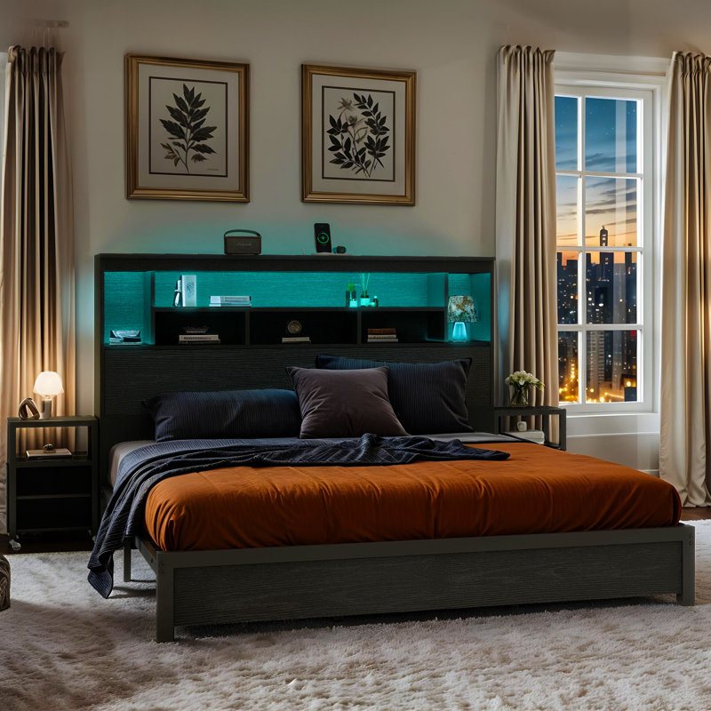 Farmhouse LED Bed Frame With Bookcase Headboard & 2 Bedside Table, Black, King