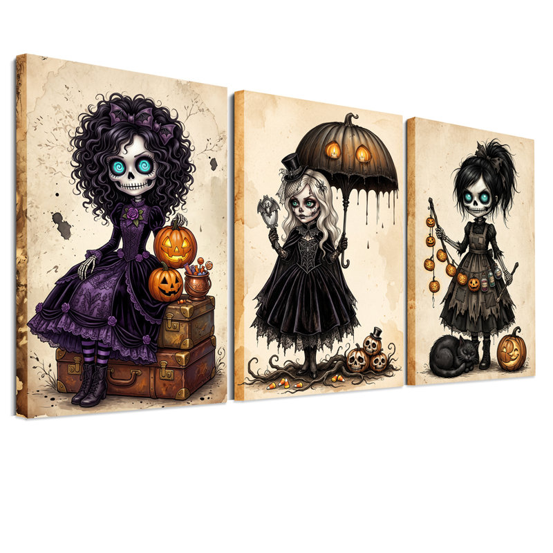 Ensemble de 3 toiles murales gothiques représentant des filles squelettes avec des citrouilles, idéal pour l'Halloween