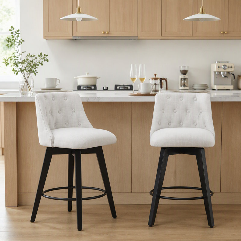 Chaises de comptoir pivotantes, tissu en lin moderne avec dossier capitonné, tabourets de bar élégants, ensemble de 2 pour bar, îlot de cuisine, salle à manger, blanc