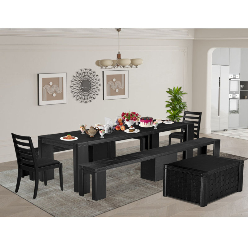 Ensemble de 6 tables de salle à manger rectangulaire Xtenczar avec table basse, 2 bancs en bois et 2 chaises empilables en tissu noir, finition noire brossée.