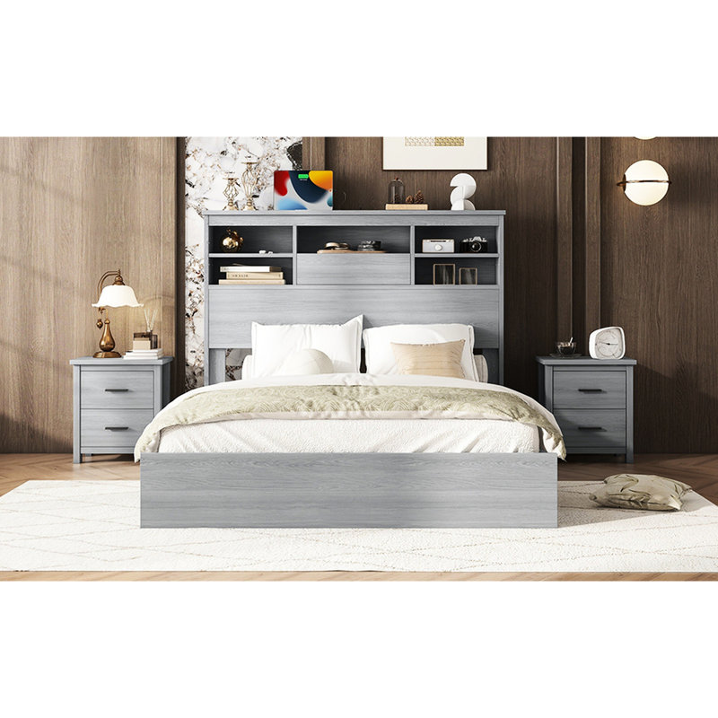 Grand lit plateforme avec rangement fonctionnel et tête de lit pour tête de lit fonctionnelle, Gris clair