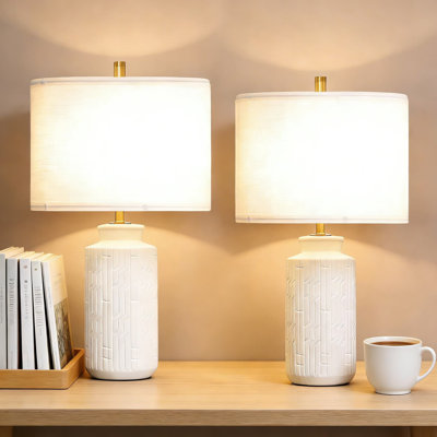 Modern Ceramic Table Lamps Set Of 2, Farmhouse Bedside Lamps For Living Room And Bedroom, White Beige Nightstand End Table Lamps With E26 Socket For Home Decor