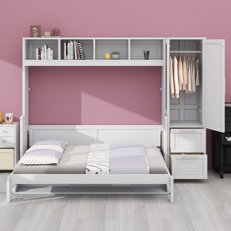 Lit escamotable Murphy avec placard et tiroirs, Blanc