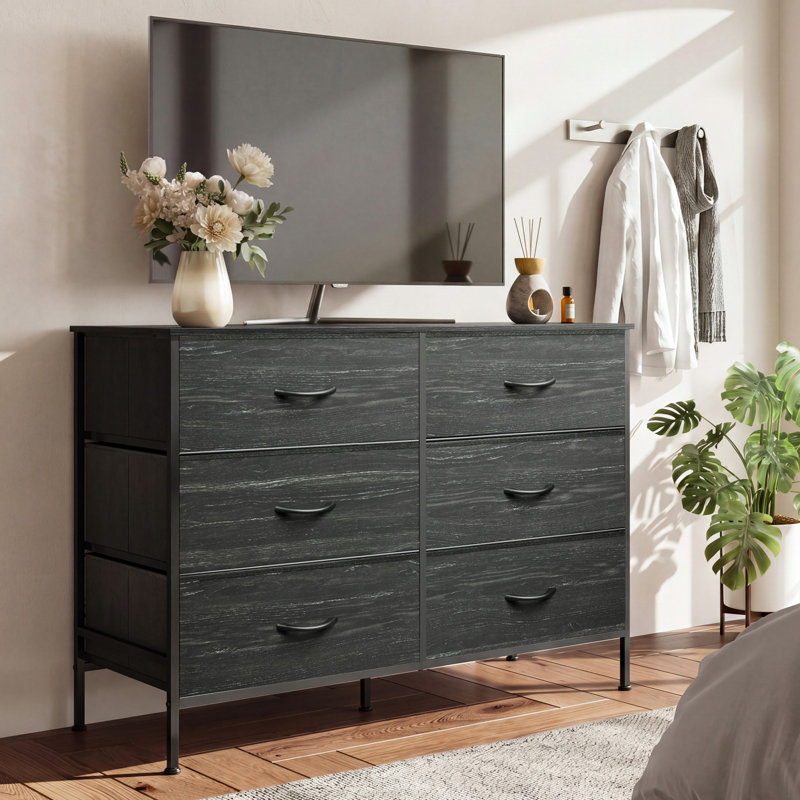 Commode à 6 tiroirs de 42,3 po de large Ojaswi, Noir anthracite