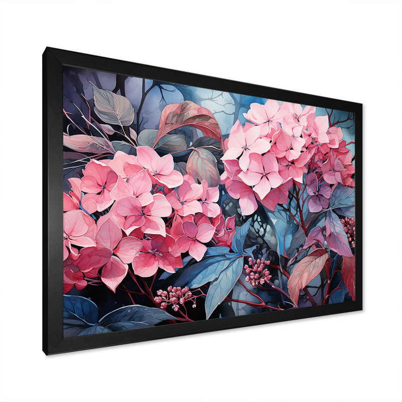 Rose, hibiscus tropical, élégance III - hortensia, art mural, H 16 po x l 32 po x P 1 po, Cadre d'angle fermé noir