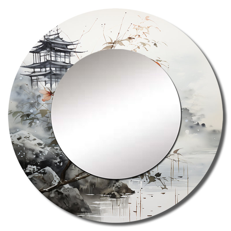 Seela, art asiatique, oiseau de Serenity de Seela, grand miroir, décor de miroir mural rond gris, 29 po x 29 po