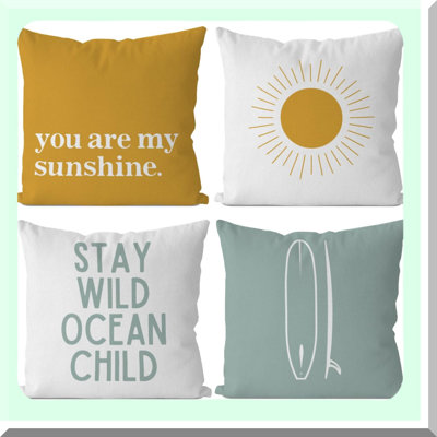 Ocean Child Boho Surf Throw Pillow Cover Set - Coastal Sunshine Cushion Nursery Decoration - Beach Decorative Pillowcase for Nursery Decor - Pack of 4