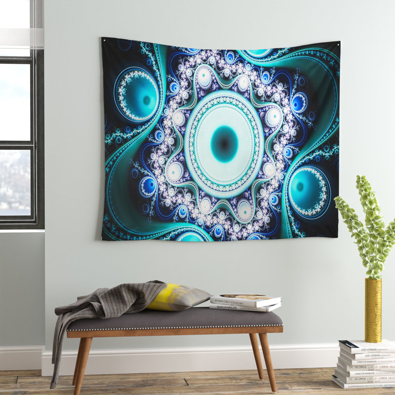 Tapisserie abstraite à motif fractal turquoise et cercles, H 32 po x l 39 po