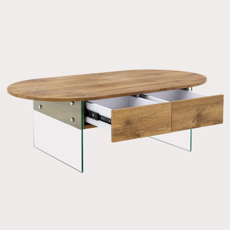 Cozy Natural Oval Double Drawer Coffee Table - Multi-Functional Design.Coffee table with double drawers. The board surface is MDF sticker, and both sides are transparent tempered glass.