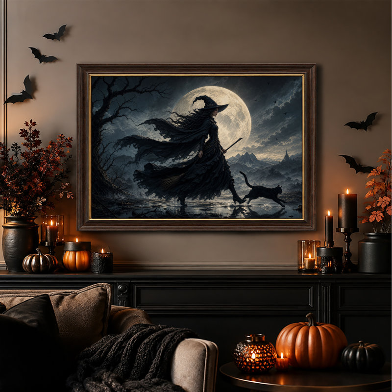 Sorcière en cape noire marchant avec un chat sous une toile murale d'Halloween, 12"H x 18"W