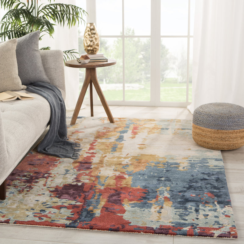 Tapis bleu / rouge / ivoire touffeté à la main Bixby, Rectangle 9 pi x 13 pi