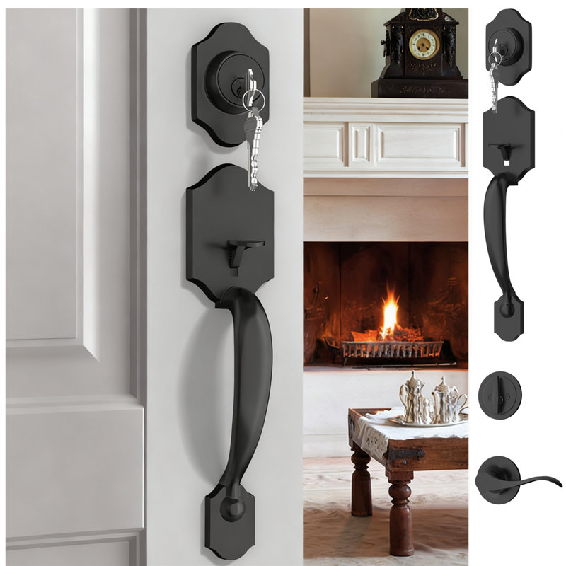 Ensemble de poignée de porte et de pêne dormant noir à cylindre simple, ensemble de serrure de porte d'entrée réglable réversible pour portes à droite / gauche