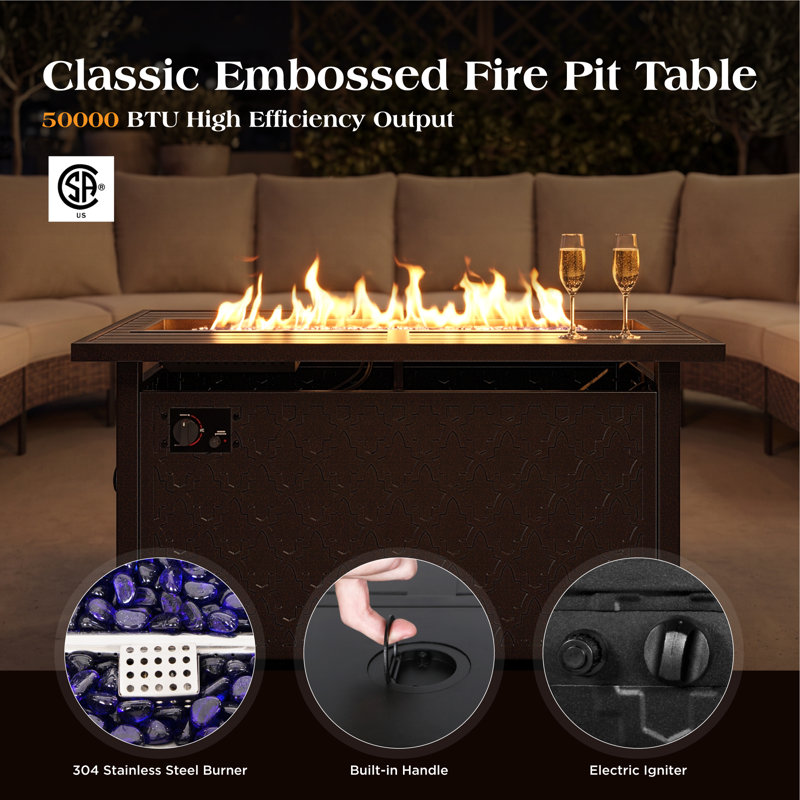 Ensemble de conversation incurvé pour patio extérieur – Canapé d'angle en résine tressée marron avec table de foyer, Oui