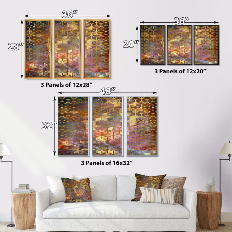 Cubes jaunes sur fond nébuleux - Ensemble de 3 reproductions sur toile, H 20 po x l 36 po x P 1 po, Cadre brun