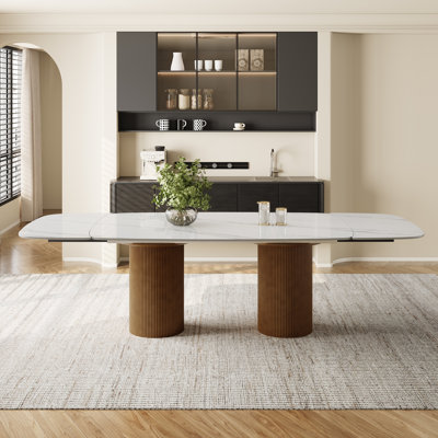 70"-90" Extendable Sintered Stone Dining Table, Walnut Fluted MDF Double Pedestal Oval Dining Table, Seats 6-8 People Modern Expandable Kitchen Dining Table for Dining Room