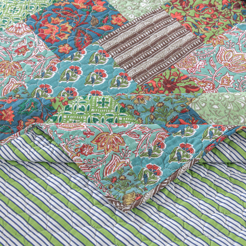 Greenland Home Fashions Jasmin Patchwork Printed Quilted Reversible Throw Blanket