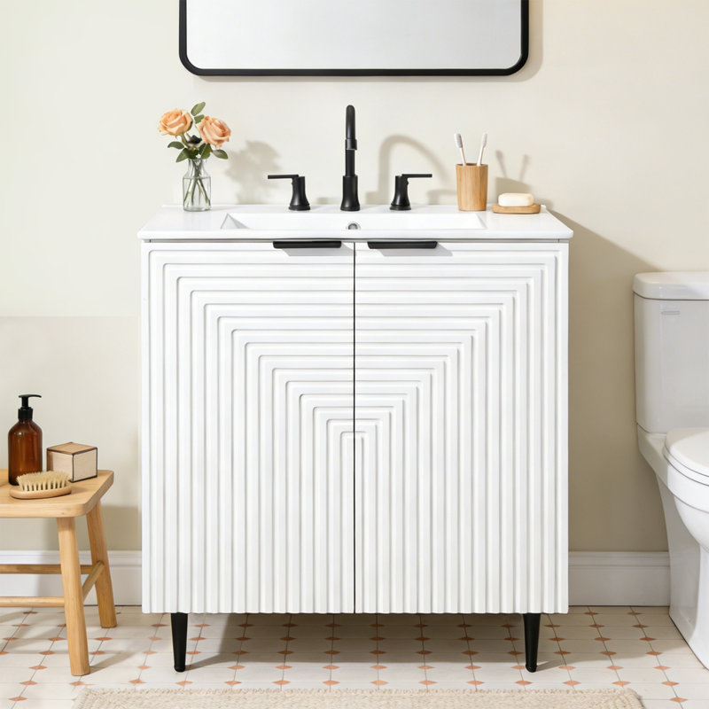 30" Modern White Free-standing Single Bathroom Vanity With Ceramic Top, White