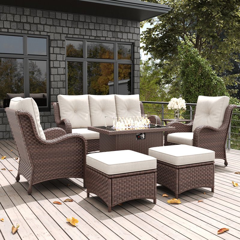  7 Pieces Outdoor Patio Furniture Set With Fire Pit Table, Rattan Wicker Sectional Chairs Sets With Ottomans, Single Chairs And Coffee Table
