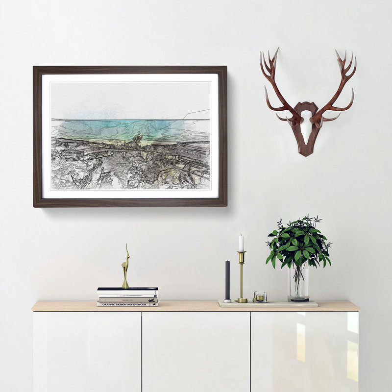 The Bournemouth Coast in Abstract - Picture Frame Drawing Print, Walnut Framed, 36cm H x 48cm W x 2cm D