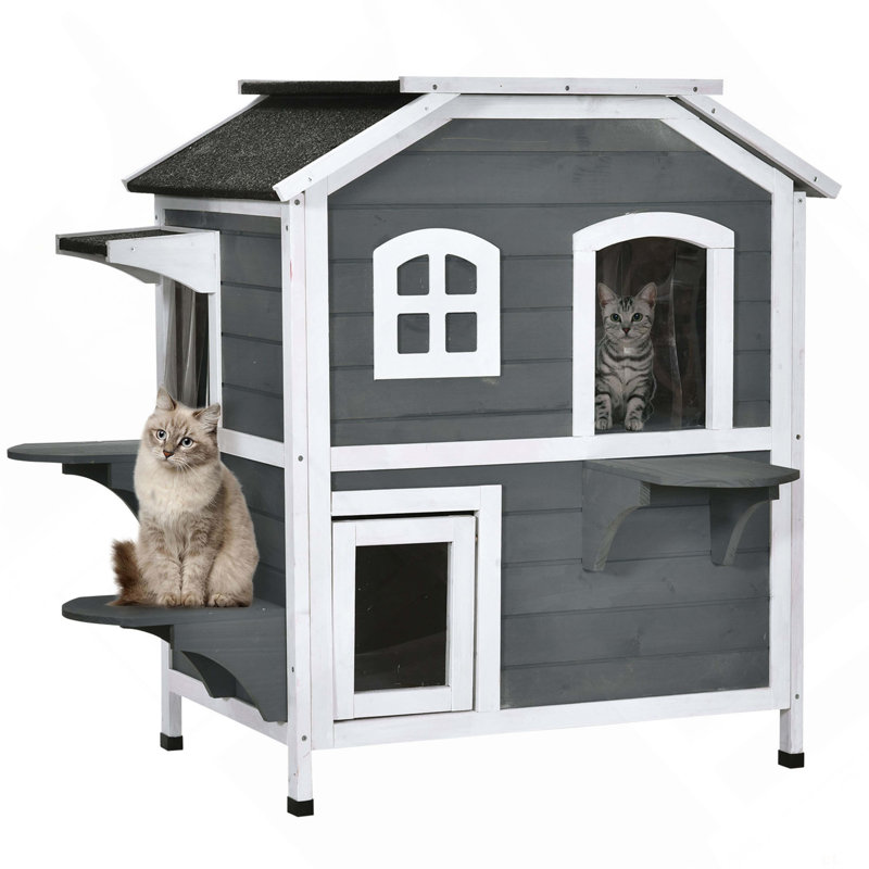 Enceinte d'extérieur en bois pour chat 2 étages pour chat sauvage avec porte de secours, toit ouvrable, plateformes de saut