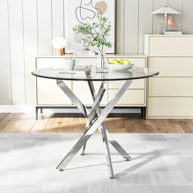 Round Glass Top Metal Base Dining Table, Silver