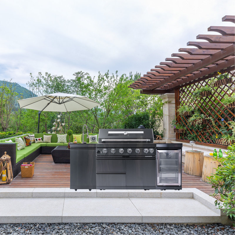 Barbecue 43 pouces à 6 brûleurs 85 000 BTU pour îlot de cuisine en acier inoxydable avec refroidisseur à vin, rôtissoire, comptoir et évier en granite
